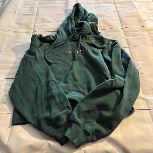 Green Hollister Crop Top Hoodie Sweater with Embroidered Butterflies, Size Large - Picture 1 of 7